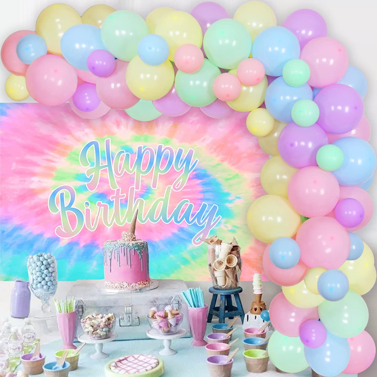Tie Dye Birthday Decorations for Girls - Macaron Color Balloon Garland Kit  with Tie Dye Happy Birthday Backdrop Tie Dye Theme Birthday Party